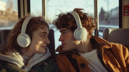 Young couple on bus wearing headphones - Young lovebirds sharing a moment with headphones on public transport - obrazy, fototapety, plakaty