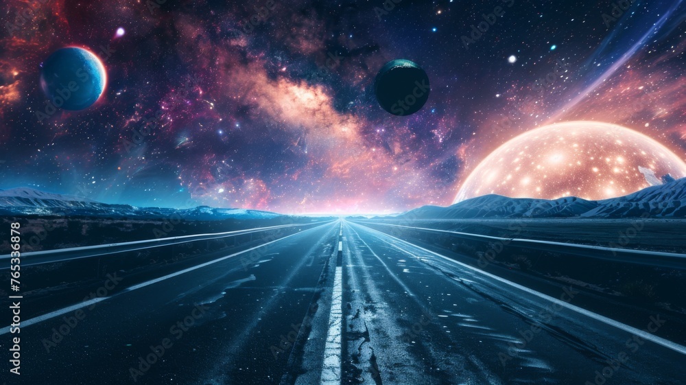Poster stunning cosmic highway with planets above - a surreal cosmic scene with a highway extending towards