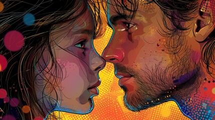 Pop art-style close-up showing a father and daughter, with clashing colors that hint at underlying conflict