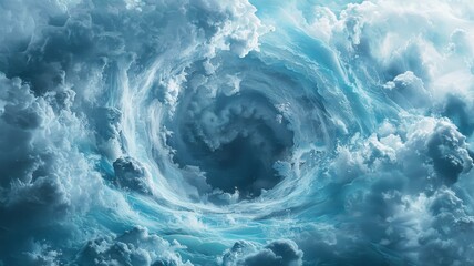 Swirling clouds forming a tunnel in the sky - An awe-inspiring view of a massive cloud tunnel, creating an illusion of depth and movement amidst a tumultuous sky - obrazy, fototapety, plakaty