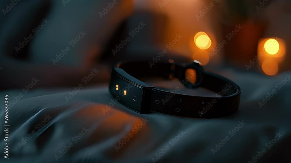 Poster a detailed shot of a sleep tracker bracelet worn by the individual throughout the night to collect a