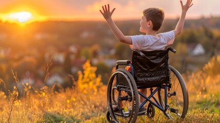 Boy in wheelchair raising arms, enjoying sunset with mountains in the background