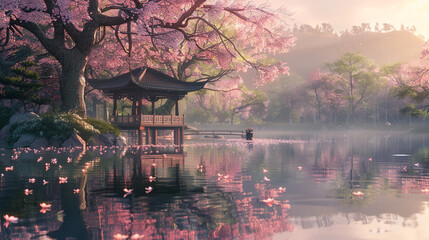 japanese garden at sunset, A serene morning scene in a traditional Japanese garden with cherry blossoms