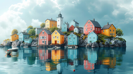 Pastel colored illustration of small houses on an island. - obrazy, fototapety, plakaty