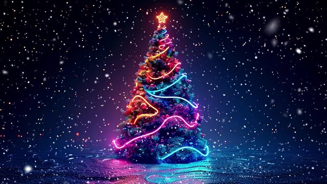 Christmas tree. Neon Christmas lights. Falling snowflakes. Falling snowflakes effect. Noel. Loop. The concept of Christmas and New Year holidays. Looped snow. Generative AI.