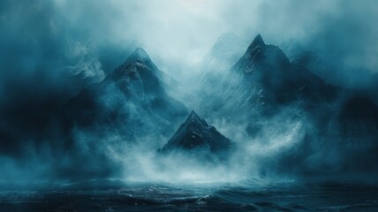 Mysterious mountains in mist and ocean waves - Evocative landscape of shadowy mountains engulfed in mist while ominous waves crash below, exuding mystery - obrazy, fototapety, plakaty