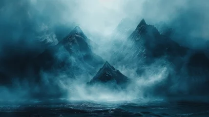 Foto op Plexiglas anti-reflex Mysterious mountains in mist and ocean waves - Evocative landscape of shadowy mountains engulfed in mist while ominous waves crash below, exuding mystery © Tida