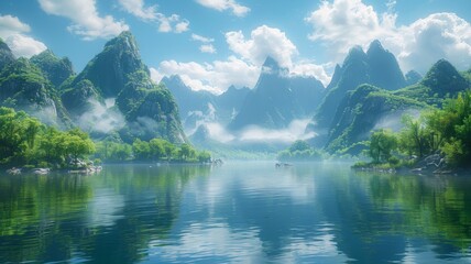 Mountain scenery with a misty lake - A breathtaking landscape of mist-covered mountains with a serene lake reflecting the peaks