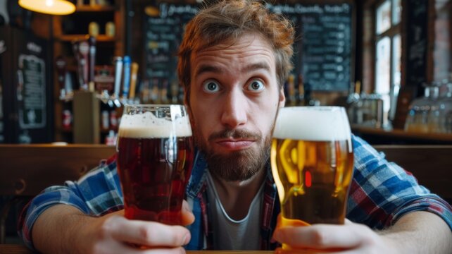 Man comparing two types of beer - An image of a bearded man holding and comparing glasses of two different types of beer