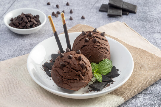 Chocolate ice cream in the bowl.