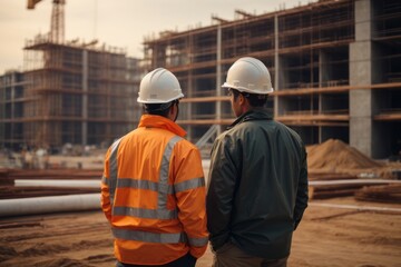 back view construction engineer wearing hat and safety suit supervising project progress at construction building site