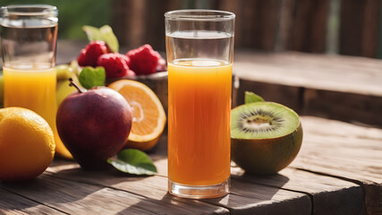 Fototapeta premium Glass bottles of various fruit juices. Glasses of fresh organic vegetable and fruit juices.