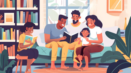 Happy family smiling handsome male with woman and kids gathering at sofa in living room all watching laptop and laughing