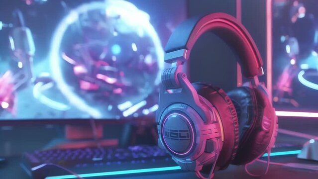 A futuristiclooking headset microphone positioned in front of a computer screen displaying a team of skilled players in a virtual space battle.