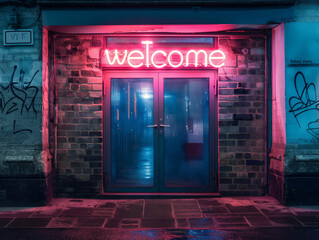 old brick, welcome, neon sign