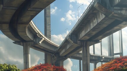 Elevated expressway. The curve of suspension bridge, - obrazy, fototapety, plakaty