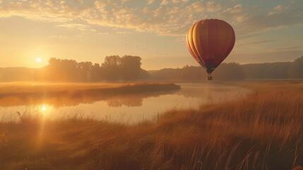 hot air balloon, A serene and peaceful scene of a hot air balloon drifting over a tranquil countryside  - obrazy, fototapety, plakaty
