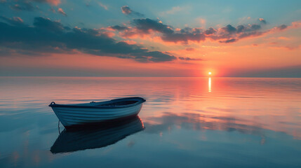 A serene and peaceful scene of a fishing boat on a calm lake at sunrise  - obrazy, fototapety, plakaty