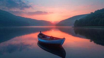 A serene and peaceful scene of a fishing boat on a calm lake at sunrise  - obrazy, fototapety, plakaty