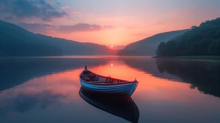 Foto op Plexiglas A serene and peaceful scene of a fishing boat on a calm lake at sunrise  © Your_Demon