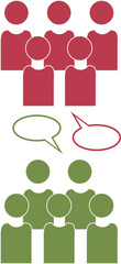 icon of two groups of red and green people  face to face having conversation or discussion with bubble dialog
