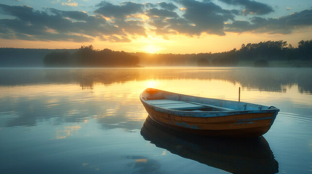 sunset on the lake, A serene and peaceful scene of a fishing boat on a calm lake at sunrise 