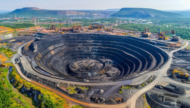 Aerial top view of open pit coal mine in extractive industrial setting for optimal search relevance