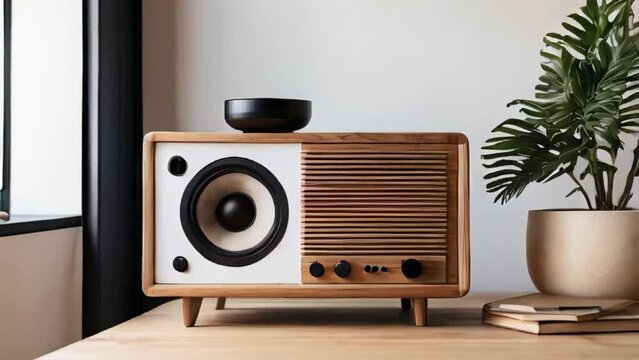 minimalist wooden speaker on wooden shelf