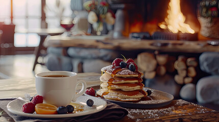Stack of fluffy pancakes topped with berries and syrup, next to a steaming coffee, in a cozy cabin...