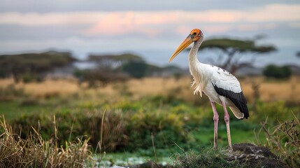 Yellow-billed storks can be found in Amboseli National Park in Kenya. - obrazy, fototapety, plakaty