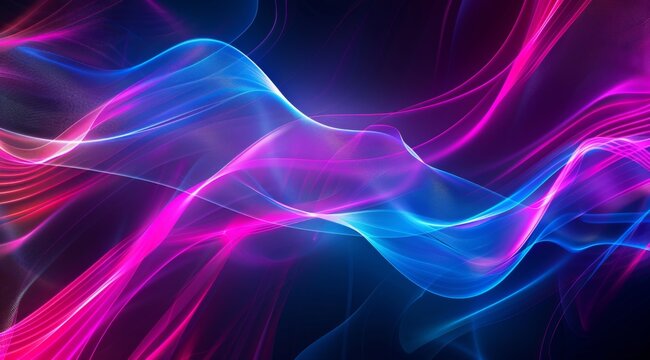 Abstract fluid lines with neon blue and pink hues - Artistic rendering of wavy lines with an interplay of neon blue and pink light against a dark background