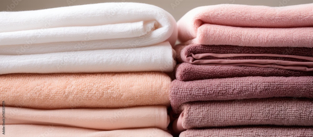 Aufkleber capturing a detailed view of folded towels neatly stacked on a flat surface