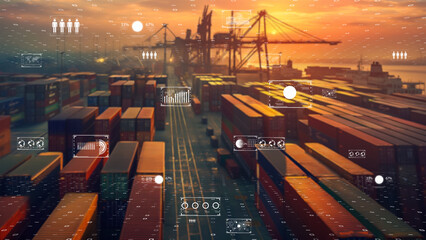 Futuristic port with container stacks, orange sunset, and digital interface elements, logistics efficiency.