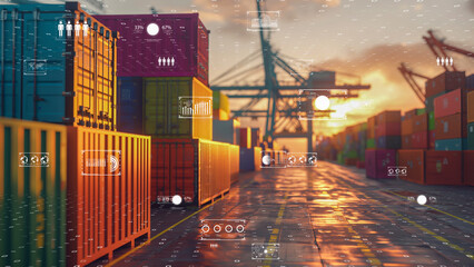 Futuristic port with container stacks, orange sunset, and digital interface elements, logistics efficiency.