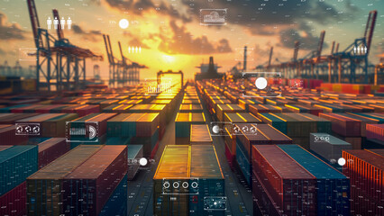 Futuristic port with container stacks, orange sunset, and digital interface elements, logistics efficiency.