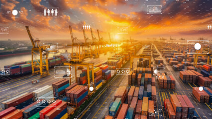 Futuristic port with container stacks, orange sunset, and digital interface elements, logistics efficiency.