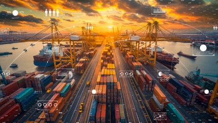 Fototapeta na wymiar Futuristic port with container stacks, orange sunset, and digital interface elements, logistics efficiency.