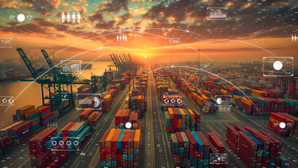 Futuristic port with container stacks, orange sunset, and digital interface elements, logistics efficiency.