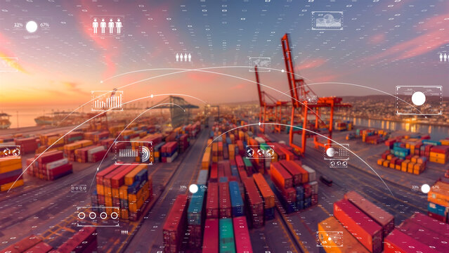 Futuristic port with container stacks, orange sunset, and digital interface elements, logistics efficiency.