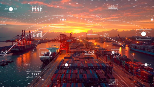 Futuristic port with container stacks, orange sunset, and digital interface elements, logistics efficiency. - Powered by Adobe