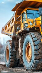 Obraz premium Huge yellow anthracite coal mining truck in expansive open pit mine industry operation