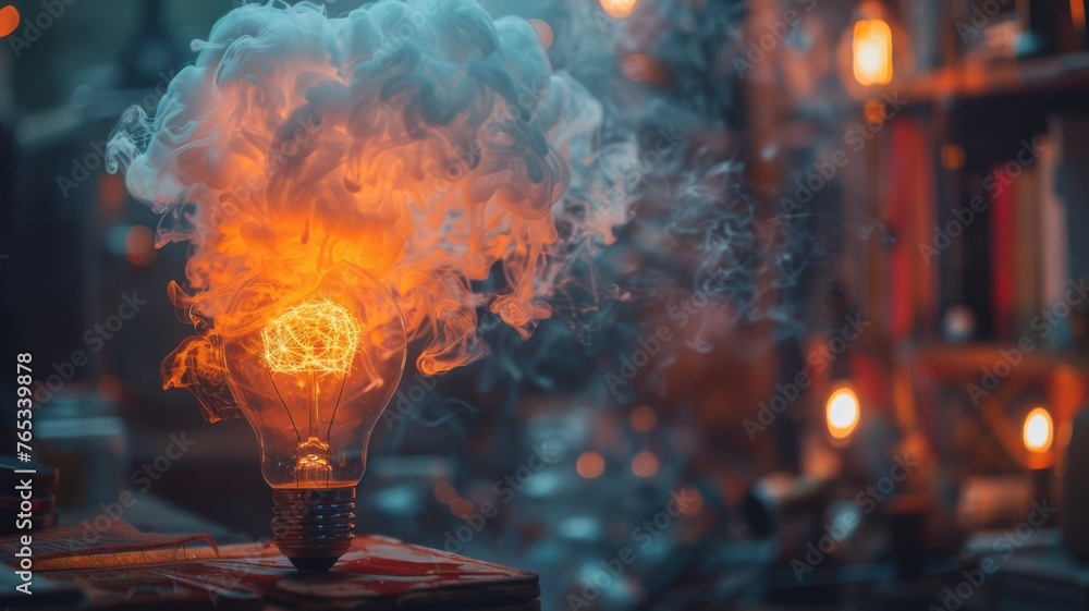 Poster light bulb with colorful smoke abstraction - a visually striking image of a glowing light bulb with 