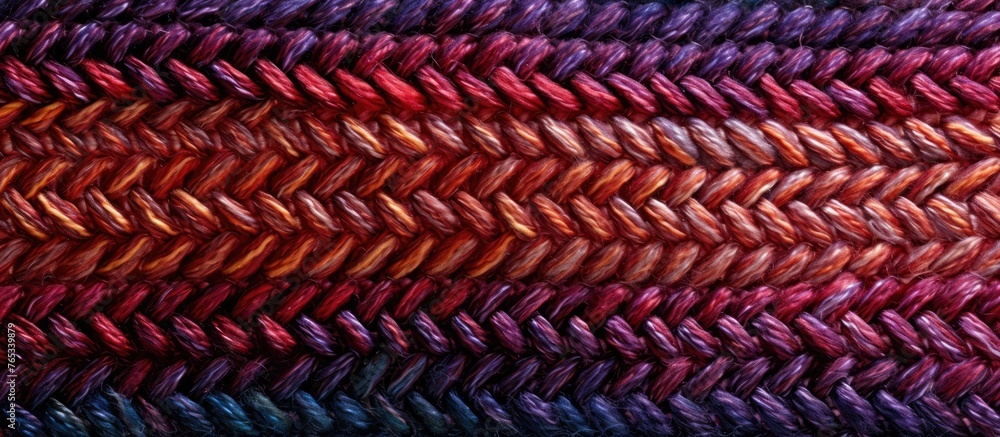 Poster a closeup photograph capturing the intricate pattern of a woolen knitted fabric in various vibrant c