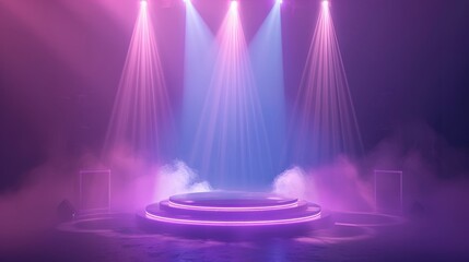 Spotlights. Scene. Light effects. podium. Exit to the stage for applause, a bright light of searchlights.