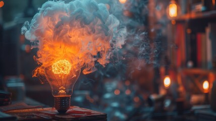 Light bulb with colorful smoke abstraction - A visually striking image of a glowing light bulb with smoke emanating, placed amidst a setting of mystical ambiance and warm lighting