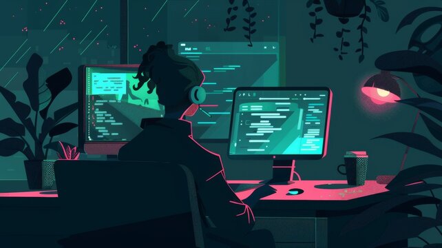 Illustrated programmer coding with dual screens - A tranquil workspace with a developer working late on multiple monitors