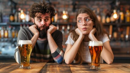 Couple bored at a bar with beers - A photograph of a young couple with expressions of boredom while having beers at a bar - obrazy, fototapety, plakaty