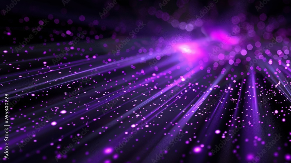 Poster abstract purple light rays on black background with lighting effect and bokeh.