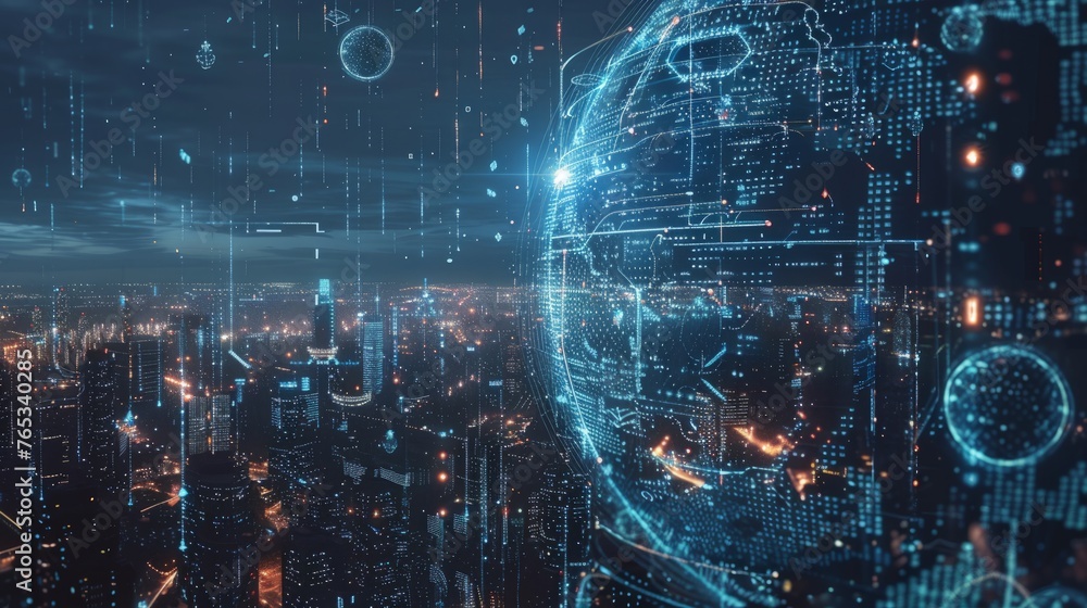 Poster artificial intelligence looking at smart city, connected with planet through global mobile internet 