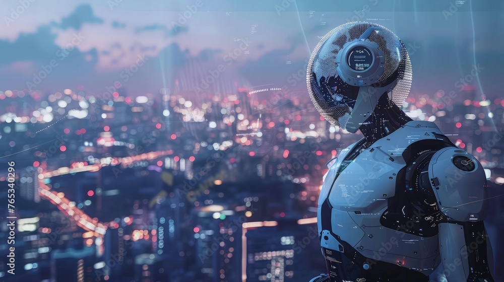 Poster artificial intelligence looking at smart city, connected with planet through global mobile internet 